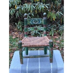 Primitive Antique Wooden Doll or Child's Chair, Hand-Painted Folk Art 17″ tall
